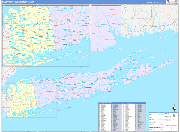 Nassau-Suffolk Metro Area Wall Map Color Cast Style